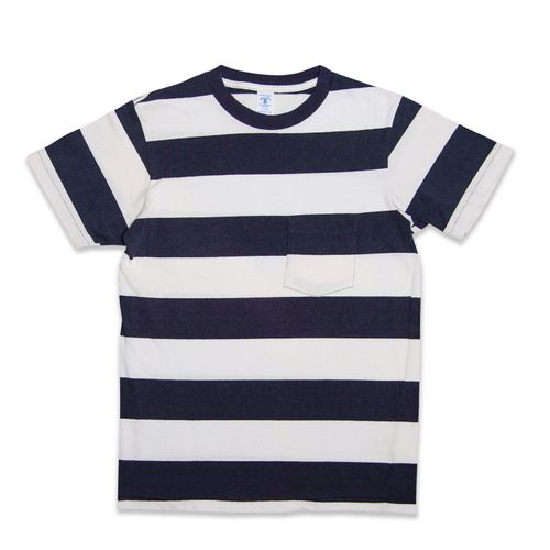 Wide Stripe S/S C/N Tee w/Pkt / White/Navy