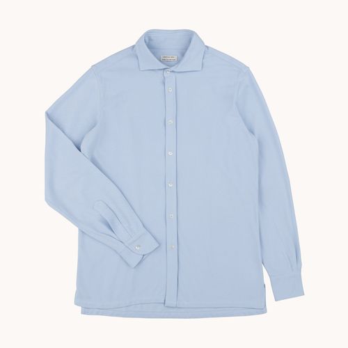 Long Sleeve Spread Collar Pique Cotton Shirt - Light Blue