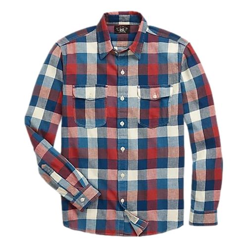 Indigo Plaid Cotton-Linen Workshirt Red Indigo