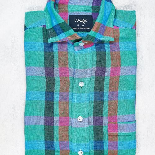 Drake's Green with Blue/Pink/Purple Check Linen Shirt (NOS)