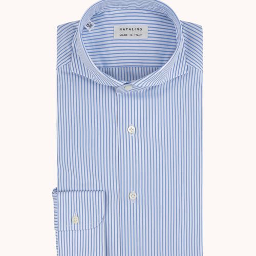 Spread Collar Shirt - Blue Stripe Cotton Poplin