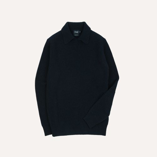 Navy Alpaca Lambswool Ribbed Integral Collar Jumper