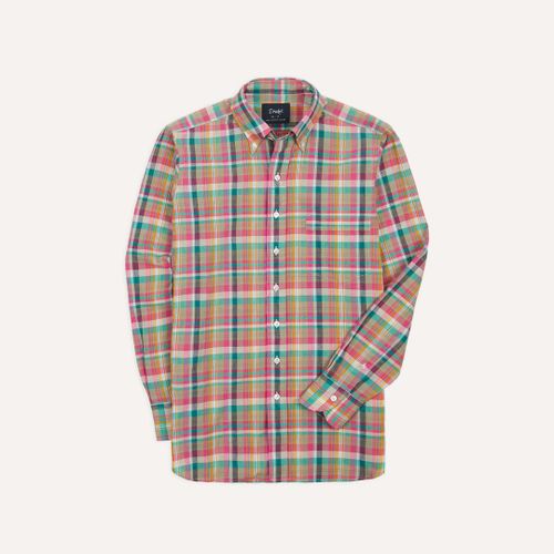 Pink and Green Madras Check Cotton Button-Down Shirt