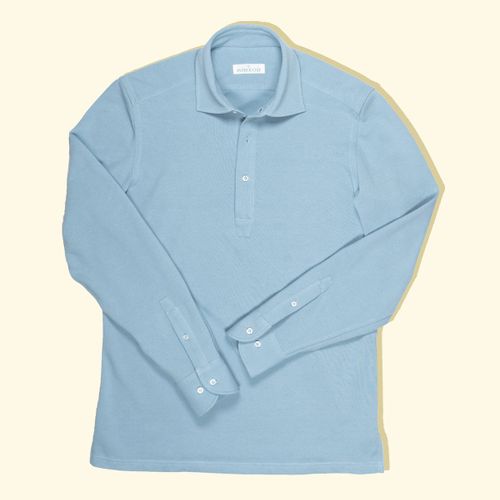 Pique Long Sleeve Spread Collar Polo - Sky BluePique Long Sleeve Spread Collar Polo - Sky Blue