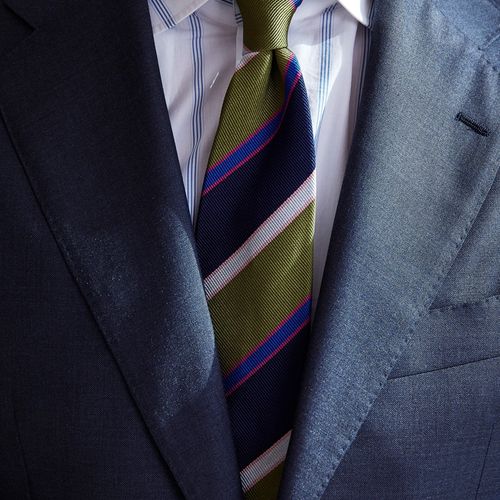 Drake's Olive/Navy with Blue/Grey/Pink Stripe Silk Tie (NOS)