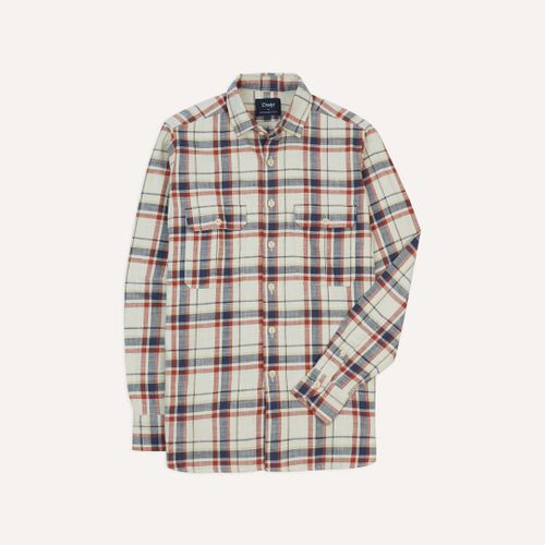 Ecru, Navy and Red Check Slub Cotton Two-Pocket Work Shirt