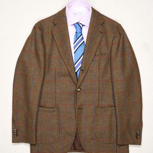 Casa Del Sarto Brown/Red/Blue Houndstooth/Check Tweed Wool Sport Coat (Pre-Owned)