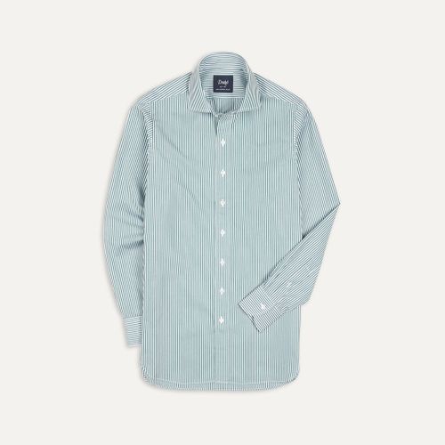 Green and White Bengal Stripe Spread Collar Cotton Poplin Shirt