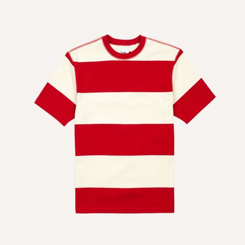 Red and White Wide Stripe Heavy Cotton Crew Neck Hiking T-Shirt