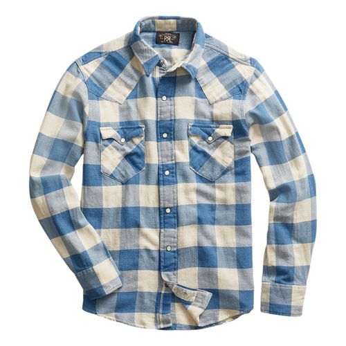 Slim Fit Plaid Twill Western Shirt Indigo Cream