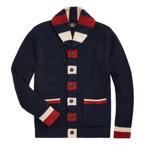 Striped-Trim Cotton-Wool Cardigan Dark Indigo Multi