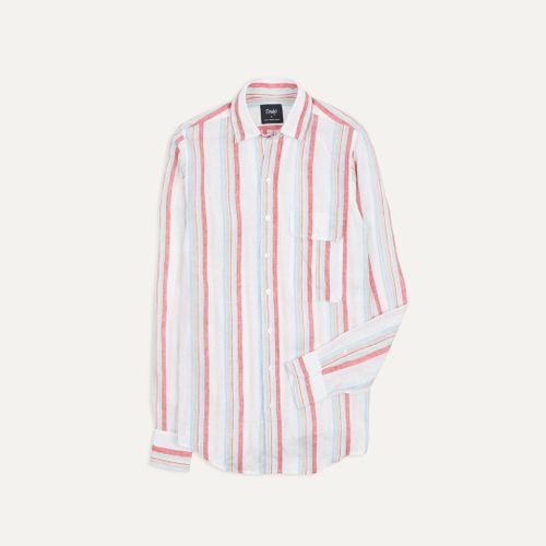 Ecru, Red and Blue Track Stripe Linen Spread Collar Shirt