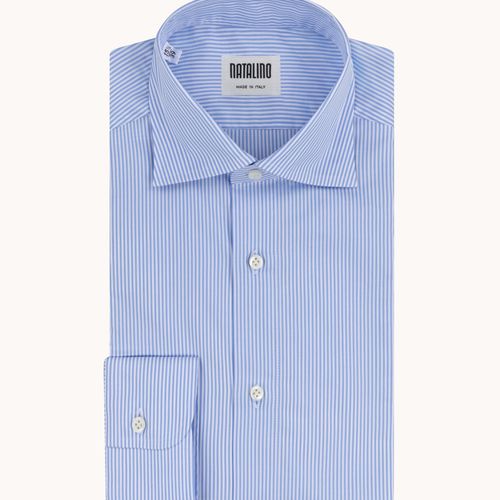 Spread Collar Shirt - Blue Stripe Cotton Poplin