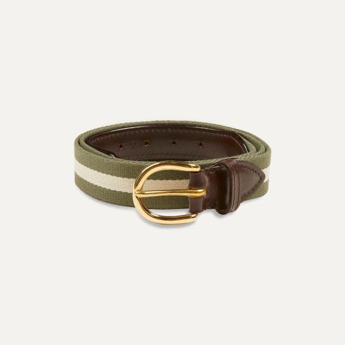 Olive and Ecru Stripe Webbing and Leather Belt with Brass Buckle