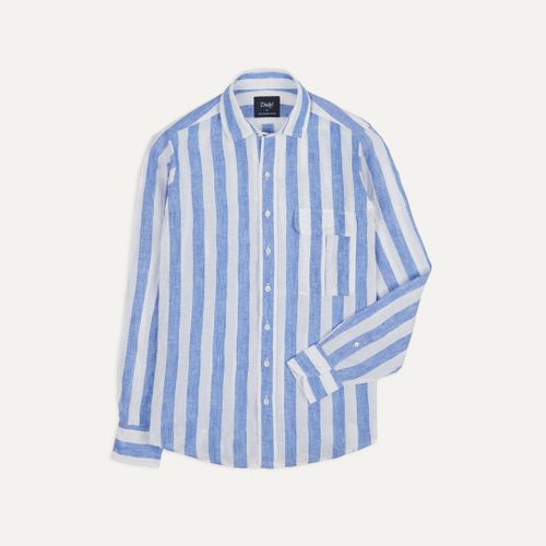 Blue and White Broad Stripe Linen Spread Collar Shirt