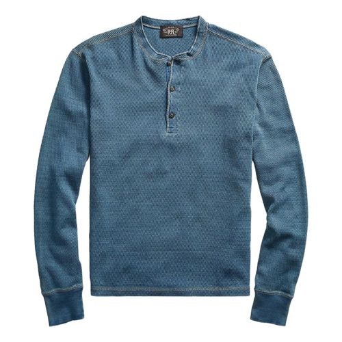 Indigo Jacquard-Knit Henley Washed Blue Indigo