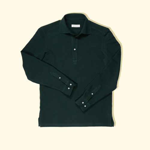 Pique Long Sleeve Spread Collar Polo - Forest GreenPique Long Sleeve Spread Collar Polo - Forest Green