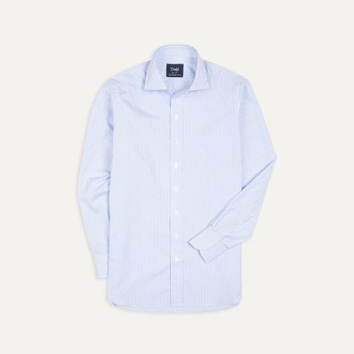 Sky Blue and White Bengal Stripe Spread Collar Cotton Poplin Shirt