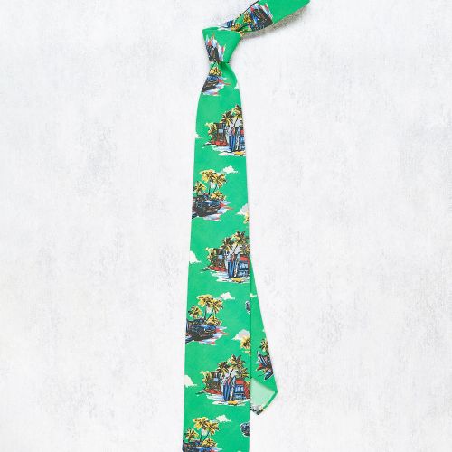 Drake's Green Car and Surfboard Pattern Silk Tie (NOS)