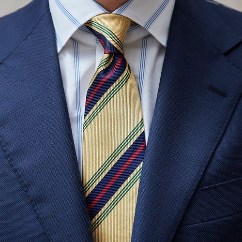 Drake's Yellow with Navy/Red/Green Stripe Herringbone Silk Tie (NOS)