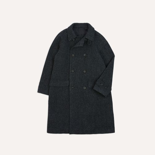 Grey Herringbone Wool Double-Breasted Raglan Coat