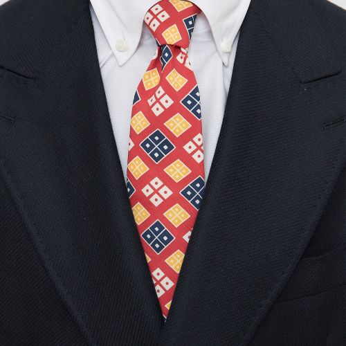 Drake's Red with Blue/Yellow/White Rhombus Pattern Silk Tie (NOS)