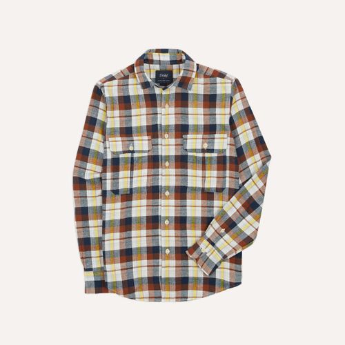 Navy, White and Rust Check Brushed Cotton Two-Pocket Work Shirt