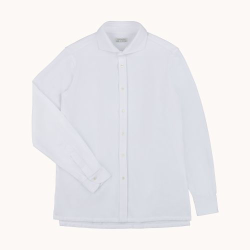 Long Sleeve Spread Collar Pique Cotton Shirt - White