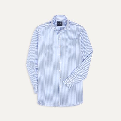 Dark Blue and White Bengal Stripe Spread Collar Cotton Poplin Shirt