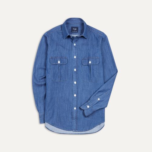 Mid-Blue Washed Denim Cotton Two-Pocket Work Shirt