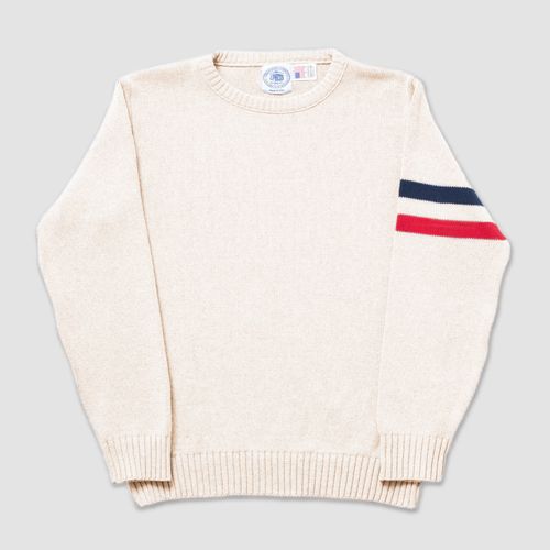 Cotton Crew Neck Sleeve Stripe Sweater - Natural With Navy/red