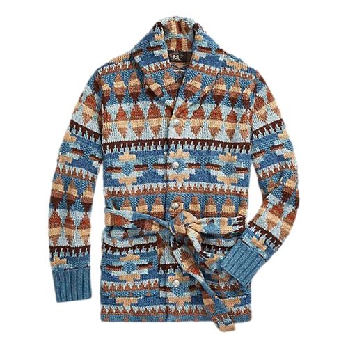 Hand-Knit Linen-Blend Belted Cardigan Blue Multi