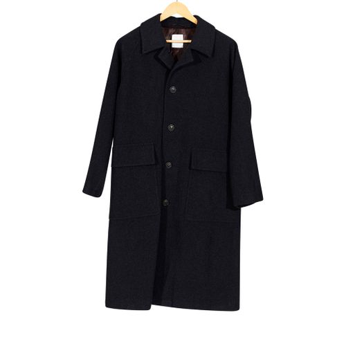 Super 100 Melton Washer Balmacaan Long Coat Charcoal Wool