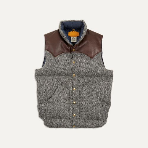 Rocky Mountain Featherbed for Drake's Herringbone Harris Tweed Leather Christy Down Vest