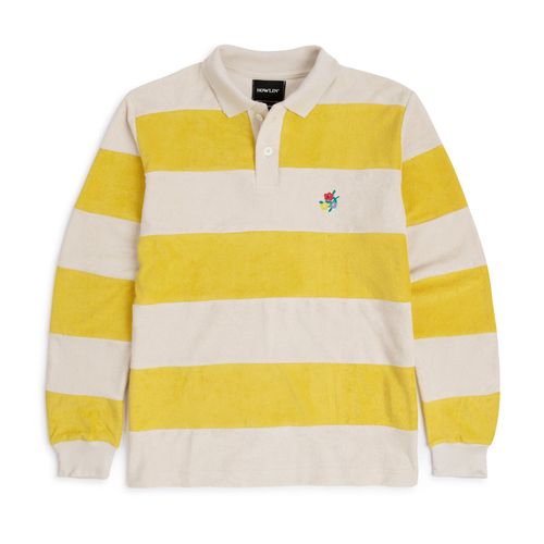 Howlin' A Barrel Of Fun Striped Terry Towel Long Sleeve Polo Shirt: Daffodil