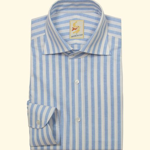 Blue and White Candy Striped Cotton/Linen Spread Collar ShirtBlue and White Candy Striped Cotton/Linen Spread Collar Shirt