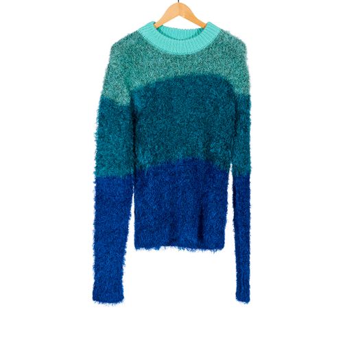 Knitted Color Block Shaggy Sweater Blue