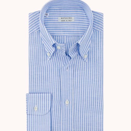 Button Down Collar Shirt - Blue Stripe Cotton Linen