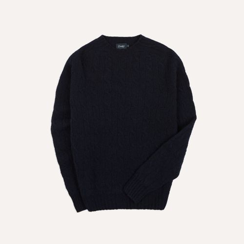 Navy Brushed Shetland Cable Knit Crew Neck Jumper