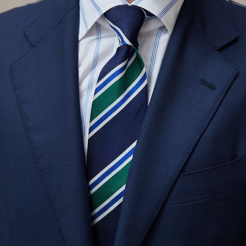 Drake's Navy with Green/White/Blue Stripe Herringbone Silk Tie (NOS)