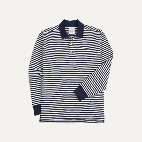 Navy and Ecru Stripe Knitted Jersey Cotton Long-Sleeve Polo Shirt