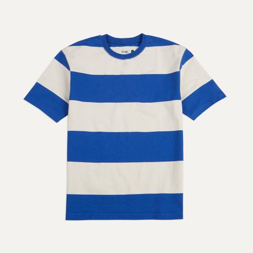 Blue and White Wide Stripe Heavy Cotton Crew Neck Hiking T-Shirt