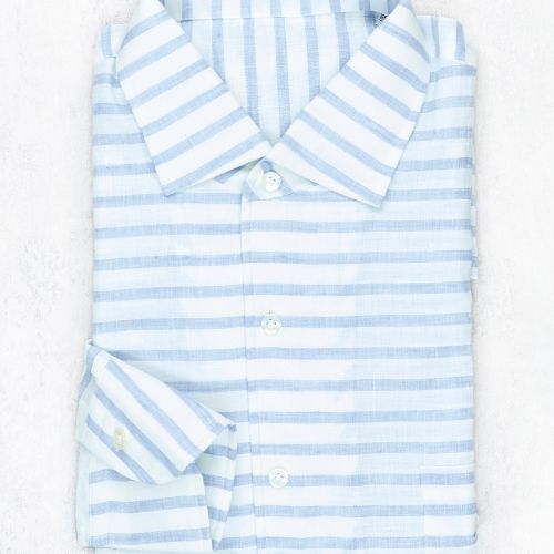 Patrick Johnson Blue and White Horizontal Stripe Linen Portsea Collar Shirt (NOS)