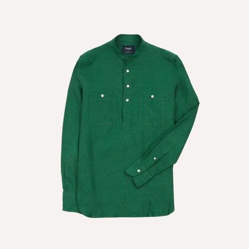 Green Linen Mandarin Collar Popover Shirt