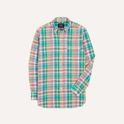 Green and Blue Madras Check Cotton Button-Down Shirt