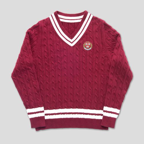 V Neck Cricket Sweater - Burgundy/white