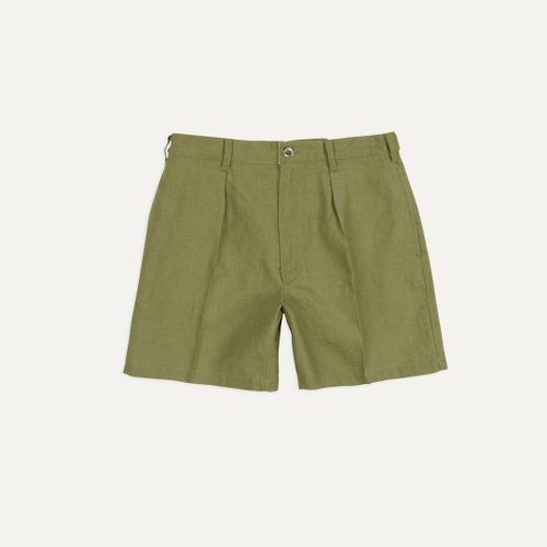 Olive Linen Single-Pleat Shorts