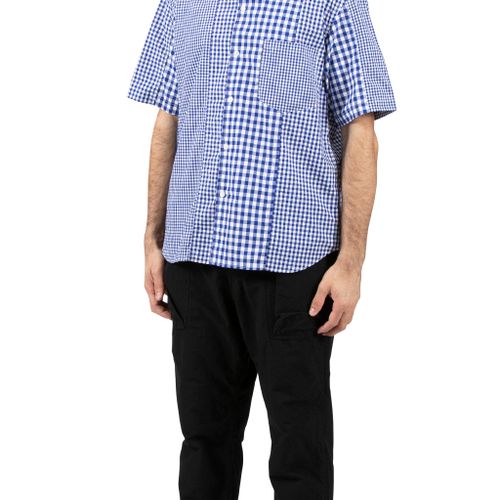 Patchwork Short Sleeve Shirt Blue Cotton