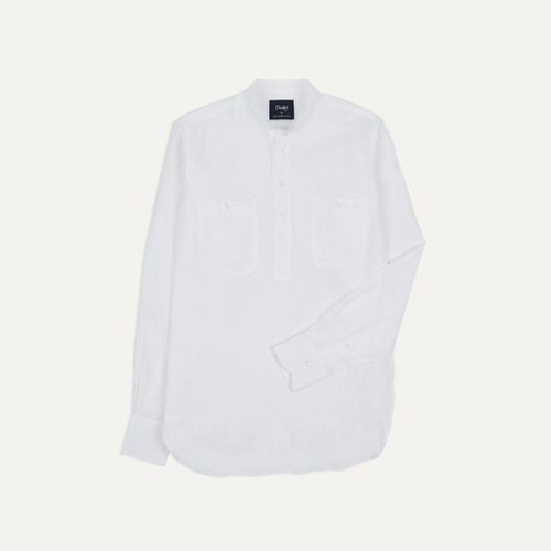 White Linen Mandarin Collar Popover Shirt