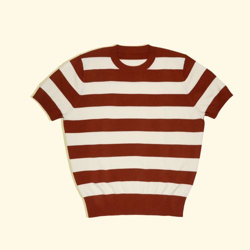 Knitted T-shirt - Brick Red/White Nautical StripesKnitted T-shirt - Brick Red/White Nautical Stripes